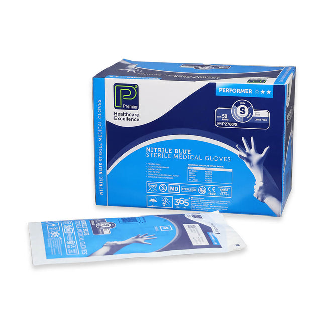 Premier Performer Nitrile Sterile Examination Gloves Blue Small x50