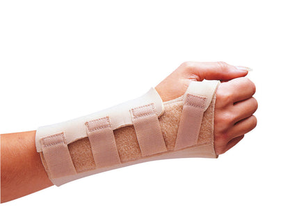 Right hand wrist brace laminated on both sides with a durable nylon incorporating shaped aluminium palmar bar. Beige x1