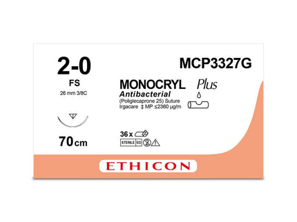 MONOCRYL PLUS | Monofilament | Undyed | 2-0 | 70cm | 1xReverse cutting | 26mm | 3/8C | Pack of 12
