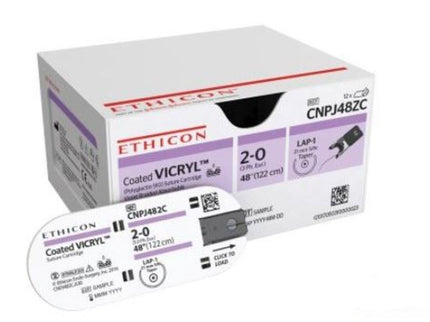 Coated VICRYL* (Polyglactin 910) Braided, Violet gauge 3.0 (2/0) 75cm on 35mm 1/2 circle tapercut* needle	x 12