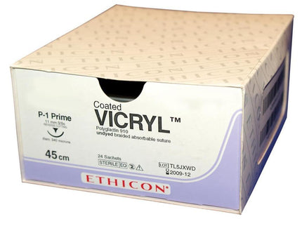 Coated VICRYL* (Polyglactin 910) Braided, Undyed gauge 1.5 (4/0) 45cm on 19mm curved conventional P cutting needle	x 24