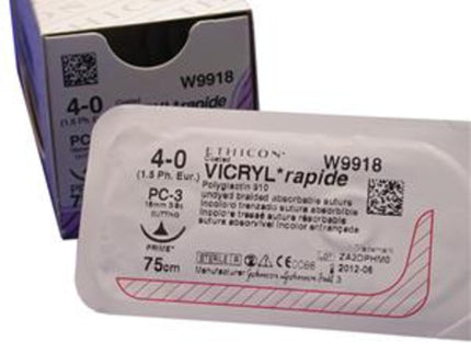 Coated VICRYL Rapide Suture - 3/8 Circle Reverse Cutting PRIME* Needle (75cm 4-0 Gauge) x 12