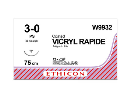 W9932	Coated VICRYL* 													Rapide Suture	26mm	75cm	undyed	3-0  2	3/8 circle Conventional Cutting PRIME Needle		x12	D/T