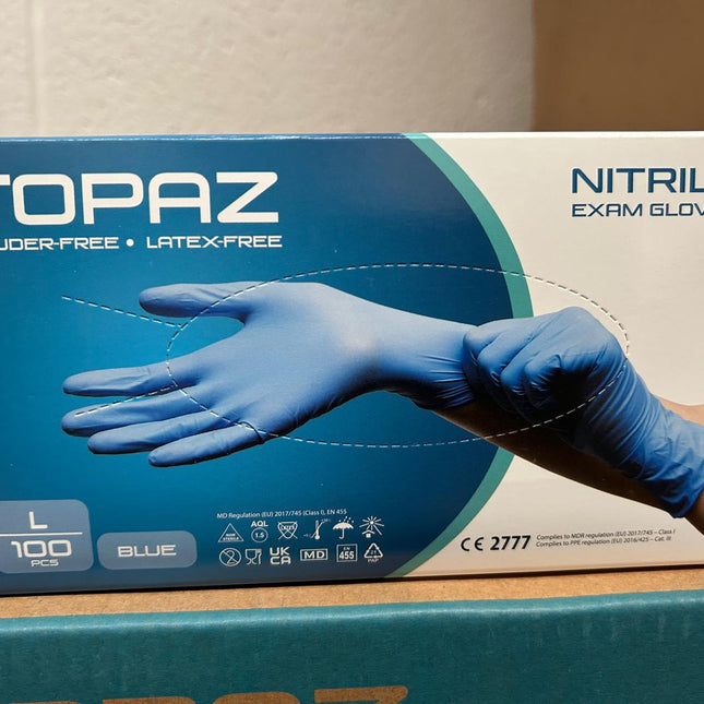Topaz Blue Nitrile Powder Free Gloves 10 cartons x1000 (100 boxes X 100 Gloves) Various sizes, Only £2.99 per Box of 100