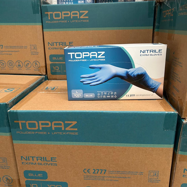 Topaz Blue Nitrile Powder Free Gloves 10 cartons x1000 (100 boxes X 100 Gloves) Various sizes, Only £2.99 per Box of 100