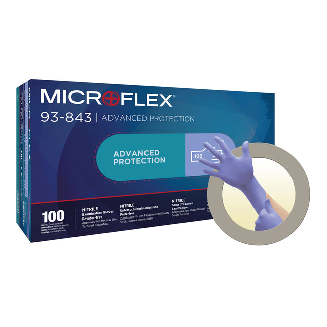 Microflex® 93–843 Non–Sterile Nitrile Examination Gloves Blue (Large 8.5 – 9.0) x100 pairs