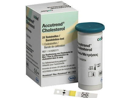 Accutrend cholesterol testing strips x25 pack with multi-layer design for accurate cholesterol measurement compatible with Accutrend devices.