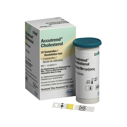 Accutrend cholesterol testing strips x25 pack with multi-layer design for accurate cholesterol measurement compatible with Accutrend devices.