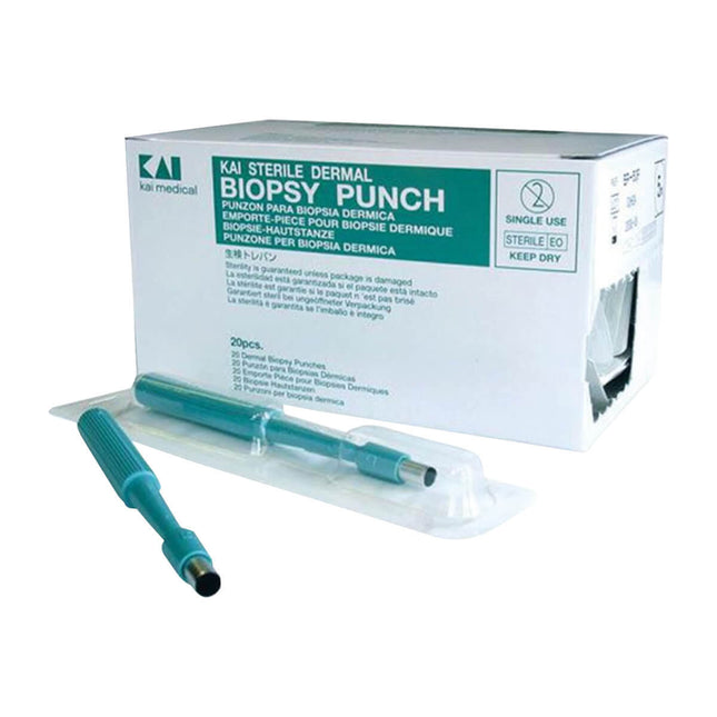 BIOPSY PUNCH 4MM KAI x20 sterile disposable punch biopsy tools made of stainless steel with sharp cutting edge and ribbed handle for dermatological skin sampling in clinical use.