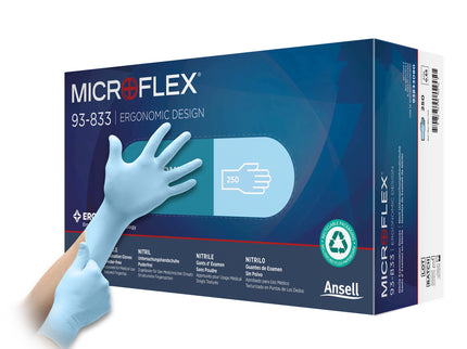 Microflex® 93–833 Non–Sterile Nitrile Examination Gloves Blue (Large 8.5 – 9.0) x250 pairs
