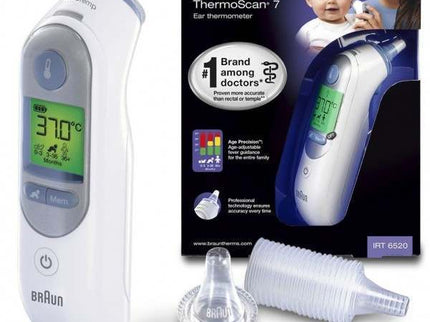 Braun ThermoScan 7 IRT 6520 ear thermometer with digital display and probe for fast accurate temperature measurement in medical use.