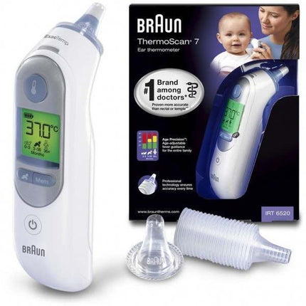 Braun ThermoScan 7 IRT 6520 ear thermometer with digital display and probe for fast accurate temperature measurement in medical use.