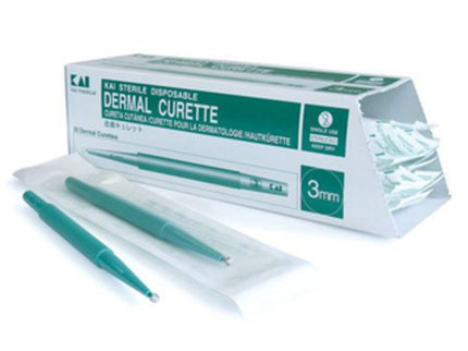 Kai disposable 4mm sterile curettes x20 pack with stainless steel cutting edge and ribbed handle for dermatology and minor surgical skin procedures.