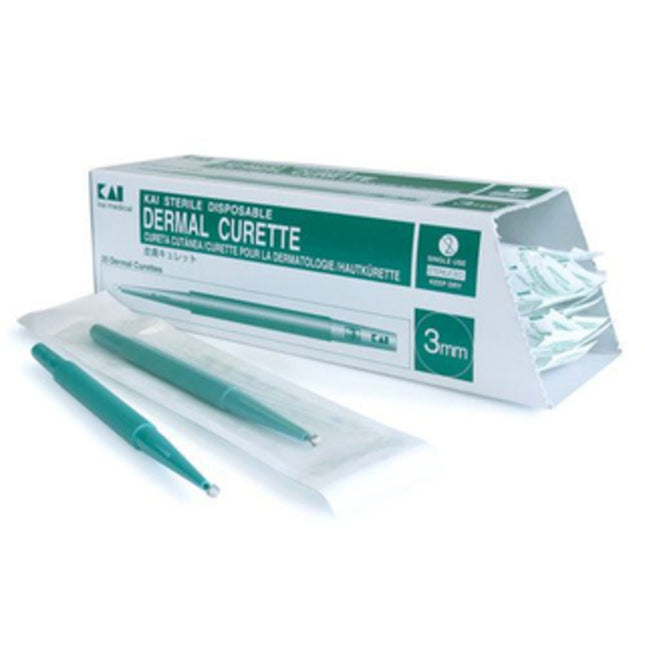 Kai disposable 4mm sterile curettes x20 pack with stainless steel cutting edge and ribbed handle for dermatology and minor surgical skin procedures.