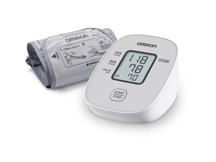 OMRON M2 Basic upper arm blood pressure monitor with digital display and cuff for accurate home blood pressure measurement.
