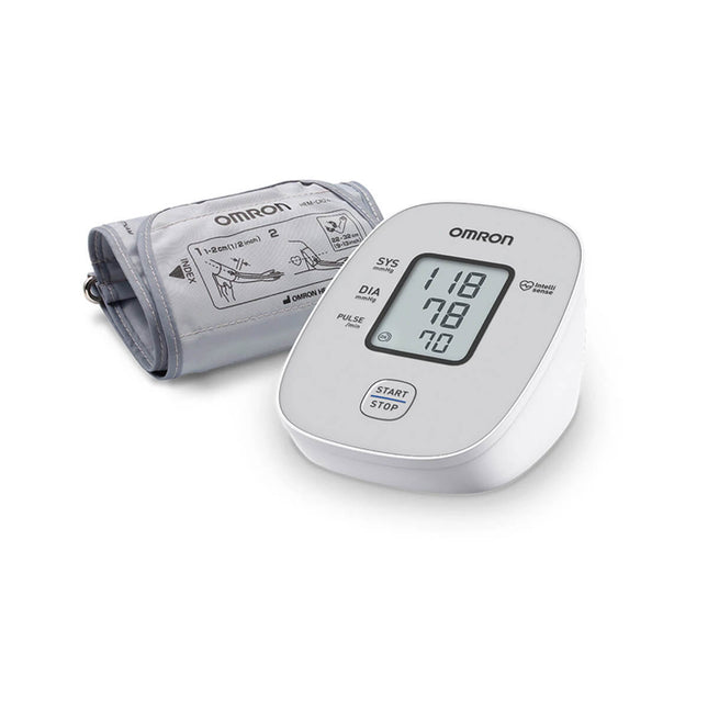 OMRON M2 Basic upper arm blood pressure monitor with digital display and cuff for accurate home blood pressure measurement.