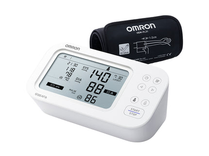 OMRON M6 Comfort AFib upper arm blood pressure monitor with Intelli Wrap cuff and digital display for accurate home health monitoring.