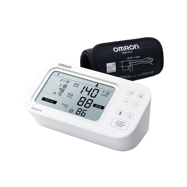 OMRON M6 Comfort AFib upper arm blood pressure monitor with Intelli Wrap cuff and digital display for accurate home health monitoring.