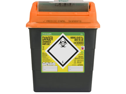 Sharpsafe® Sharps Container Bins Grey With Orange Protected Access Lid (13 L)