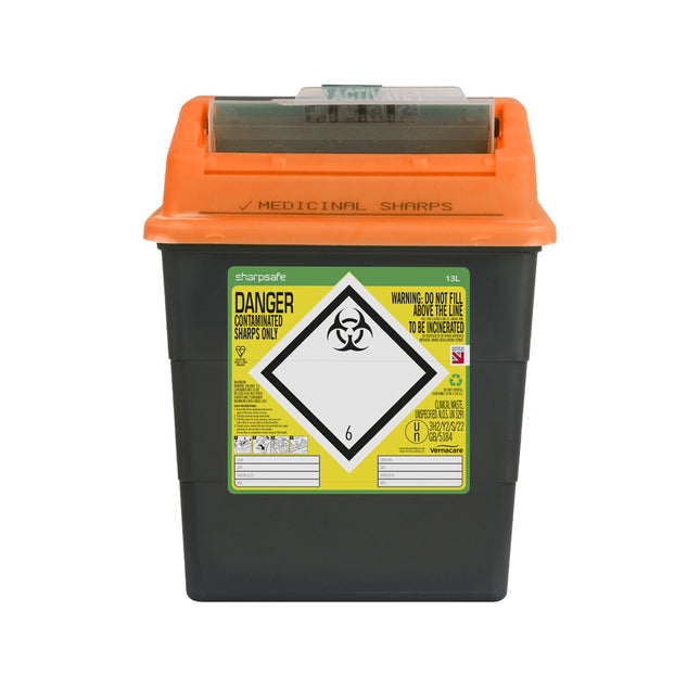 Sharpsafe® Sharps Container Bins Grey With Orange Protected Access Lid (13 L)