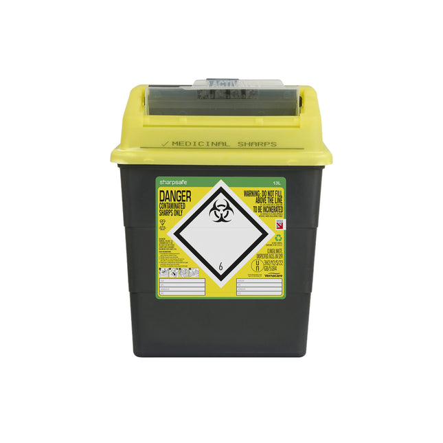 Sharpsafe® Sharps Container Bins Grey With Yellow Protected Access Lid (13 L)