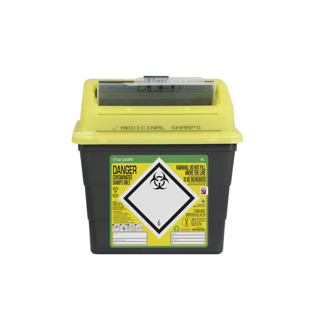 Sharpsafe® Sharps Container Bins Grey With Yellow Protected Access Lid (9 L)