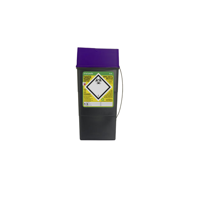 Sharpsafe® Sharps Container Bins Grey With Purple Clear Opening Lid (0.6 L)