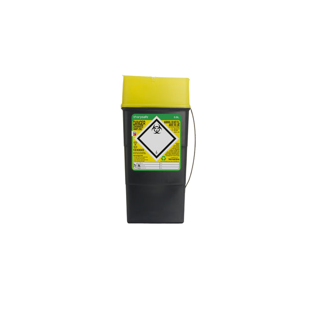 Sharpsafe® Sharps Container Bins Grey With Yellow Clear Opening Lid (0.6 L)