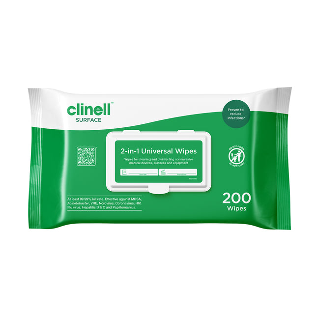 Clinell® 2–in–1 Universal Wipes (Pack of 200)